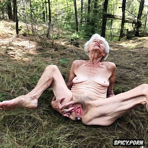 ninety year old woman, nude in nature, huge amount of cum leaking from anatomically correct geriatric vagina