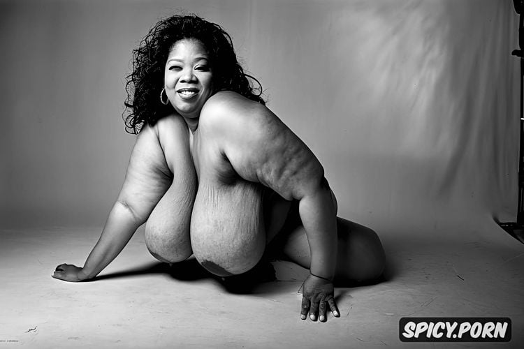 oprah winfrey, 60 yo, in television studio, long hair, giant natural boobs