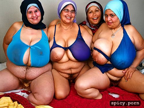 leg spread, wide hips, obese arabic grannies group, open hijab