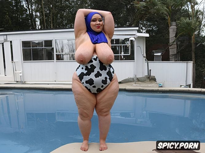 extremely fat, extremely fat armpits, wet spandex suit, wearing full hijab