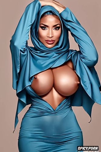 vibrant makeup, color photo, ultra sharp focus, totally naked in only hold ups and hijab no background whatsoever