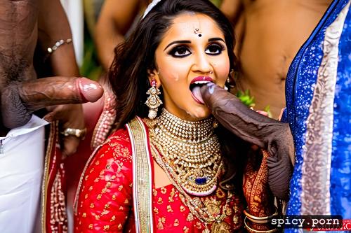 ultrarealistic, standing sania mirza bride in public takes a huge black dick in the mouth and giving blowjob