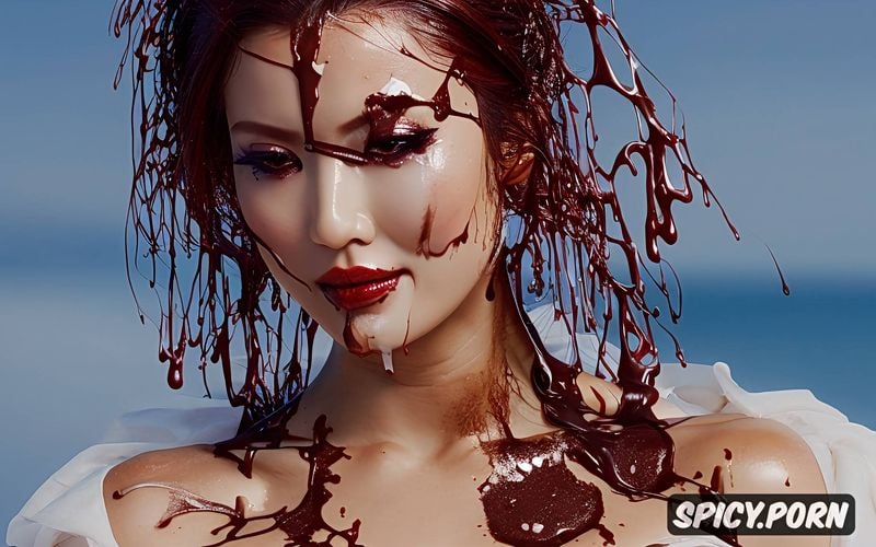 busty natural japanese 20 years old wearing wedding dress with chocolate syrup on face and boobs