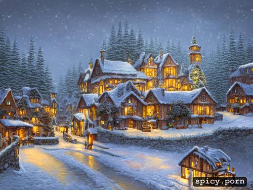 hd, on a beautiful snowy night, at christmas, moonlit, thomas kinkade style painting of a beautiful small village in the middle of an enchanted forest