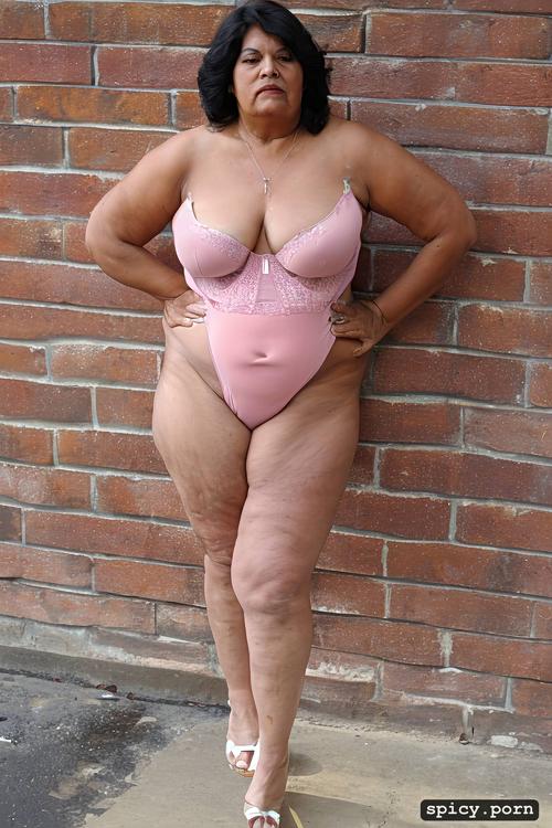 60 years old, an old fat hispanic naked woman with obese belly