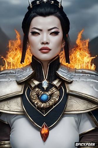 artstation, flame crown, face shot, black hair in an intricate updo