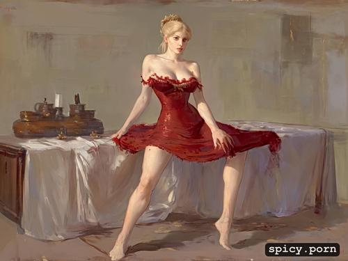 19th century, cute 19 yo blonde spreading her legs, strapless red dress
