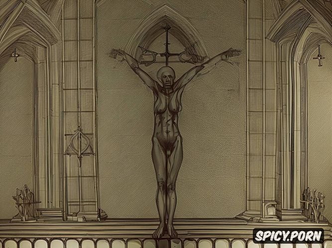 ultra detailed, full body, cathedral, front of people, bony