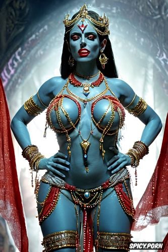 blue body, of kali s hands holding apart legs, huge boobs, goddess kali completely naked