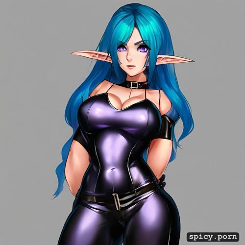 blue hair, elf, detailed, see through tanktop with underboob