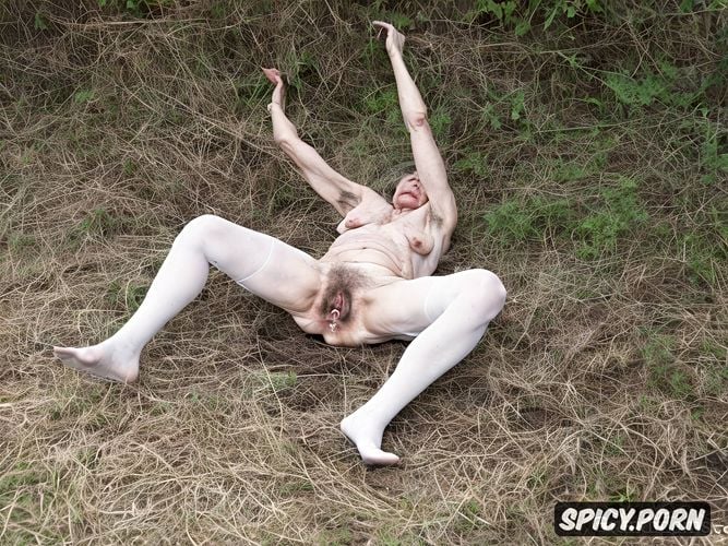 spreading legs, naked, pale, spreading hairy pussy, morgue, zombie