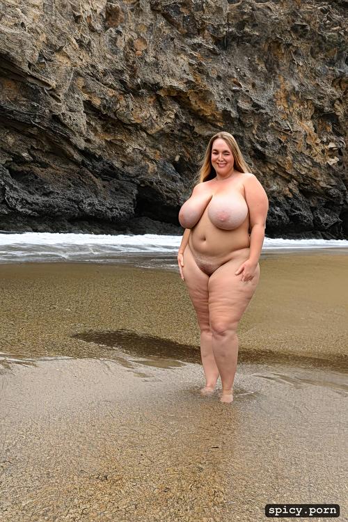 wide hips, thick, standing straight at a black sea beach, front view