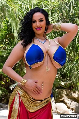 massive saggy melons, gold and silver and colorful jewelry, extremely long wavy dark hair