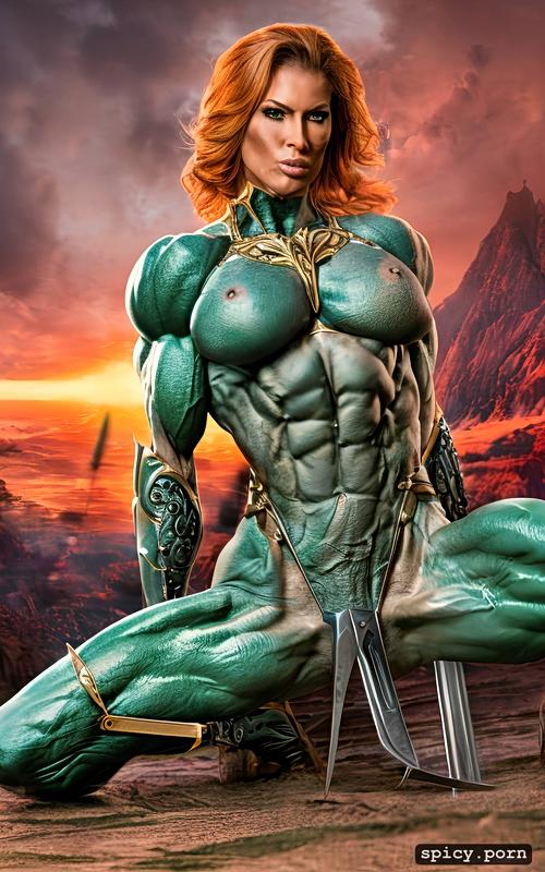war, realistic, peril, tiny armor, amazone, ultra detailed, nude muscle woman