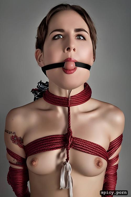 pale, scared, naked, short haired small breasted skinny brunette identical sisters tied up with lots of rope and tightly gagged
