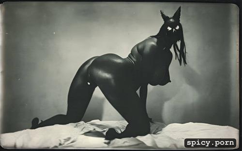 long black hair, kneeling pose, sleep paralysis monster, bedroom background
