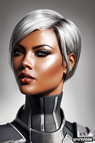 black space marine bodysuit, female commander shepard mass effect beautiful face ebony skin short silver hair in a bob cut full body shot