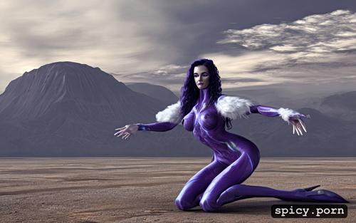 long legs, sexy female alien, kneeling, fur, slim body, purple