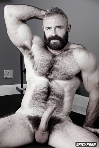 solo hairy gay muscular old man with a big dick showing full body and perfect face beard showing hairy armpits indoors beefy body laying down