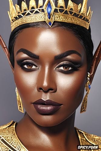 ultra realistic, black lace lingerie, high resolution, high elf queen elder scrolls beautiful face ebony skin silver gold hair full body shot