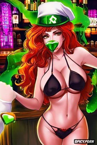 colors green, natural saggy breasts, ireland, orange, a woman leprechaun futanari from ireland with orange red curls