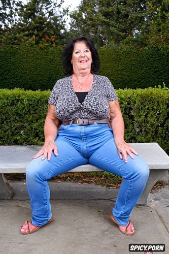 old wrinkled granny wear detailed tight jeans cameltoe lips show crotch sit on bench outside show at bystanders