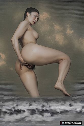 japanese nude, looking over her shoulder, belly, dark ominous atmosphere