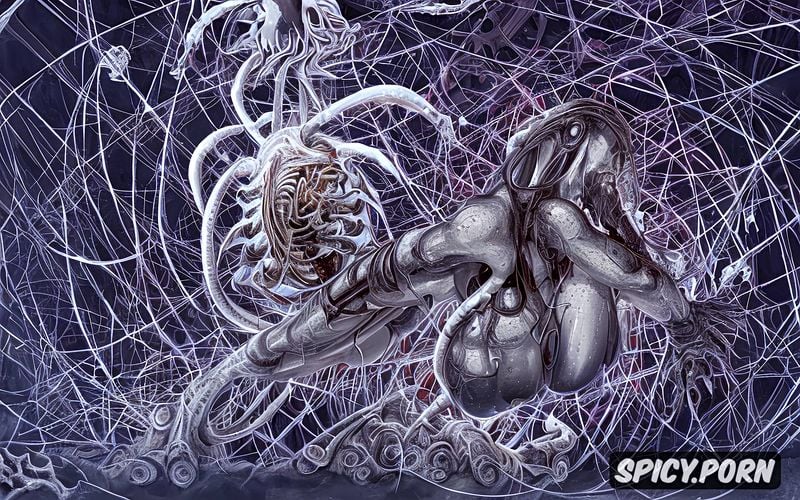 digital art, alien, woman, hoses, giger style, biomechanical