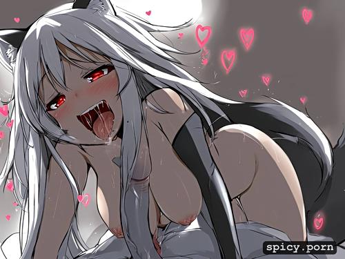 massive dick, catgirl with a dick, blushing, nude, long silver hair