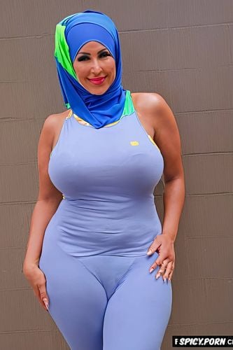 symmetrical, well groomed curvy body, hyper realistic, hijab and tight fit sexy dress with falling out tits and exposed crotch