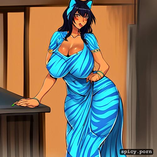 kitchen, blue sari, gigantic breasts, hourglass body, cat tail