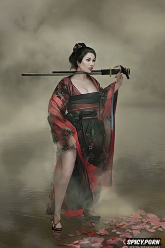 small perky breasts, samurai sword, nude portrait, torn kimono