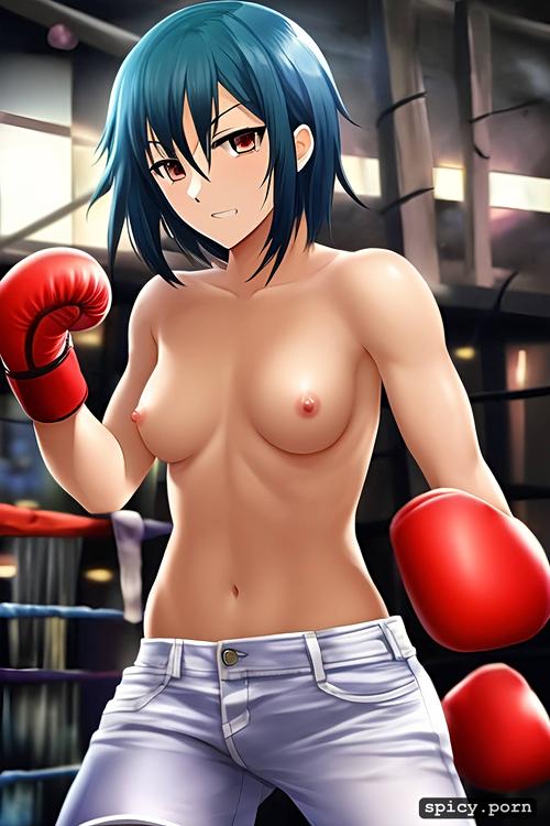 japanese woman, fighter, small breasts, medium hair, topless boxing