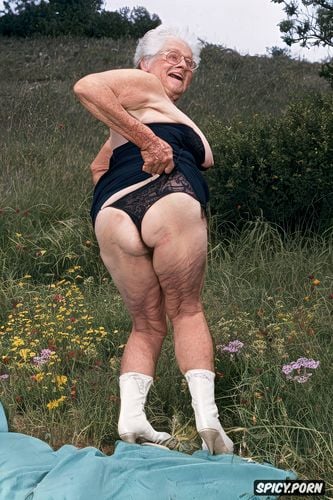 very old granny on all fours exposing ass and thick very hairy pussy sagging tits