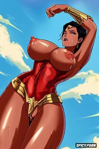 nude, large pussy, looking up from the ground, wonder woman