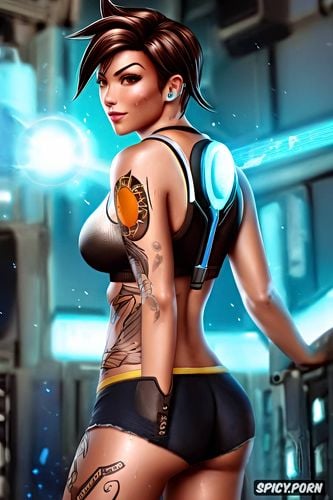 tracer overwatch beautiful face full body shot, black sports bra and booty shorts