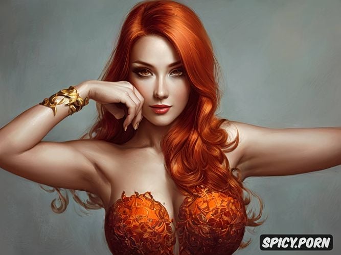 orange, white female, party, ballroom, red hair, hourglass figure body