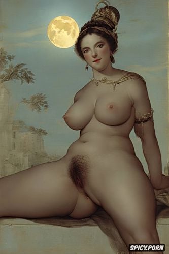 nighttime, hairy pussy, innocent, nude, big areolas, happy look