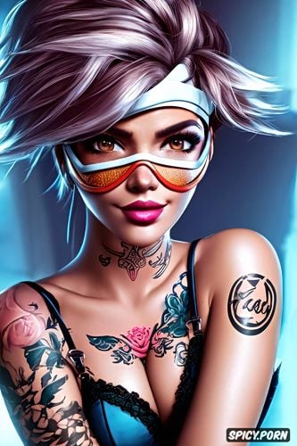 tattoos masterpiece, k shot on canon dslr, ultra detailed, tracer overwatch beautiful face young sexy low cut pink lace lingerie