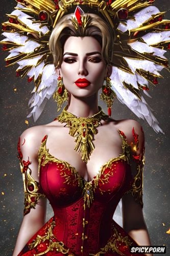 masterpiece, mercy overwatch beautiful face tight low cut red lace corset tight low cut crimson lace gown gold and ruby tiara gold and ruby earrings and necklace throne tattoos milf