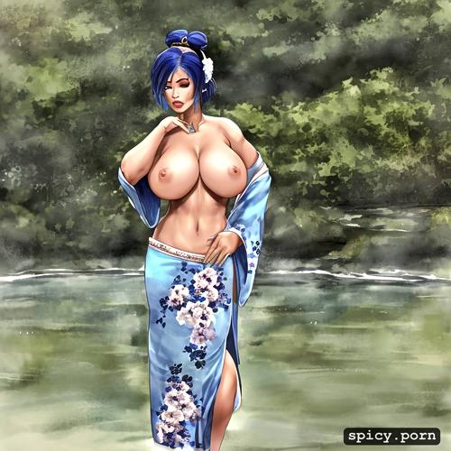 blue hair, short, large tits, geisha, athletic body, 45 years