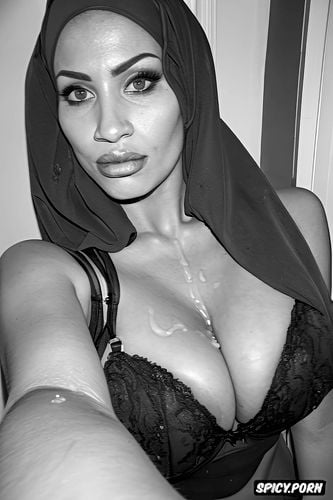 leaked pic style, cum dripping from mouth, big nipples, low quality camera woman in hijab