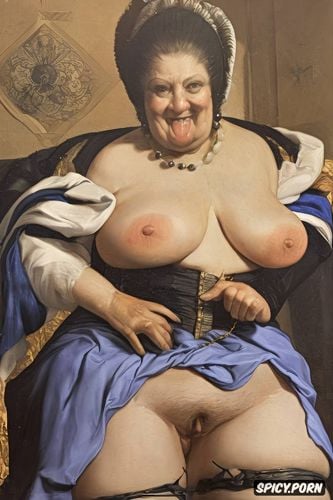 veins on the chest, the very old fat grandmother has nude pussy under her skirt