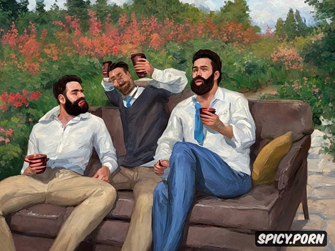 tongue out, open mouth, handsome faces, three men, garden, bearded