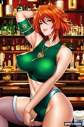 colors green, natural saggy breasts, ireland, orange, a woman leprechaun futanari from ireland with orange red curls