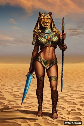 lioness headed egyptian goddess woman sekhmet armed with swords walking through a desolate desert with human skulls and skeletons in the sand