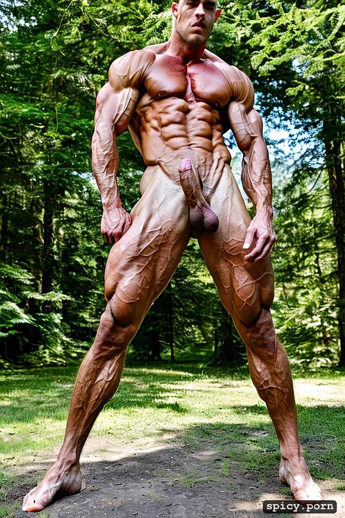 muscular spectacle against the verdant backdrop, creating a muscular v taper 1 2 down to his waist his round gluteus maximus is the embodiment of power extremely defined