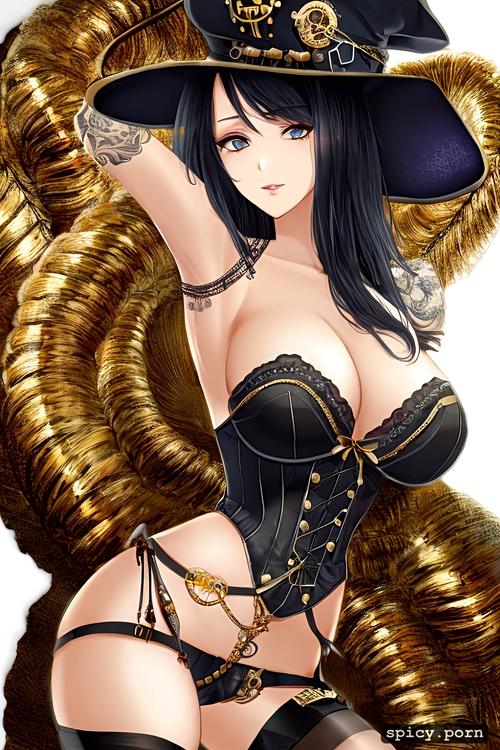 black pants, black corset with golden buttons and chains, and black hair