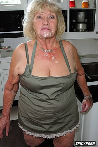 tremendous cum on tits, first person pov, in the kitchen, wears a kitchen apron