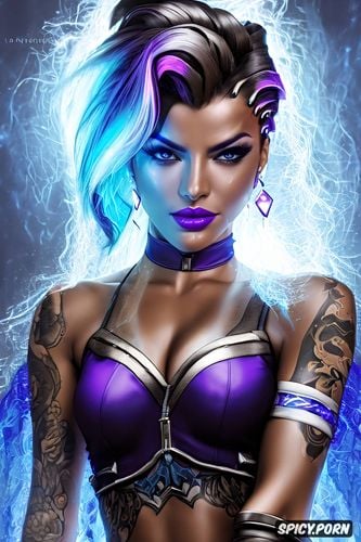 ultra detailed, ultra realistic, sombra overwatch female fantasy mage flowing mage robes magic beautiful face portrait muscles